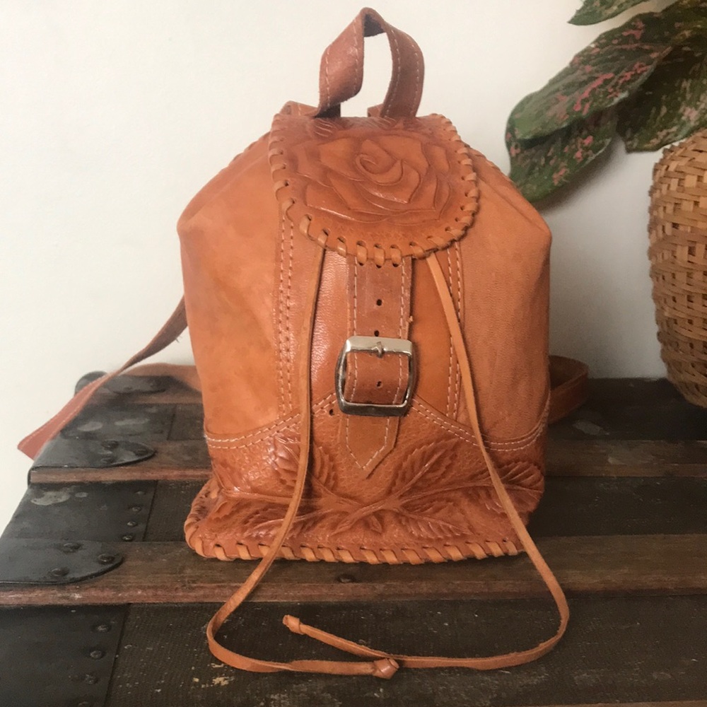 Vintage leather hand tooled mini backpack